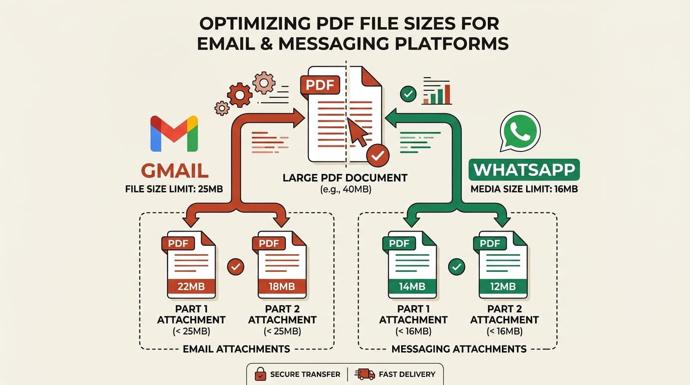Technical diagram of PDF file size limits for Gmail 25MB and WhatsApp 16MB