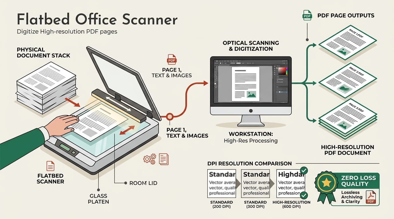Infographic showing flatbed document scanner and high resolution PDF page outputs