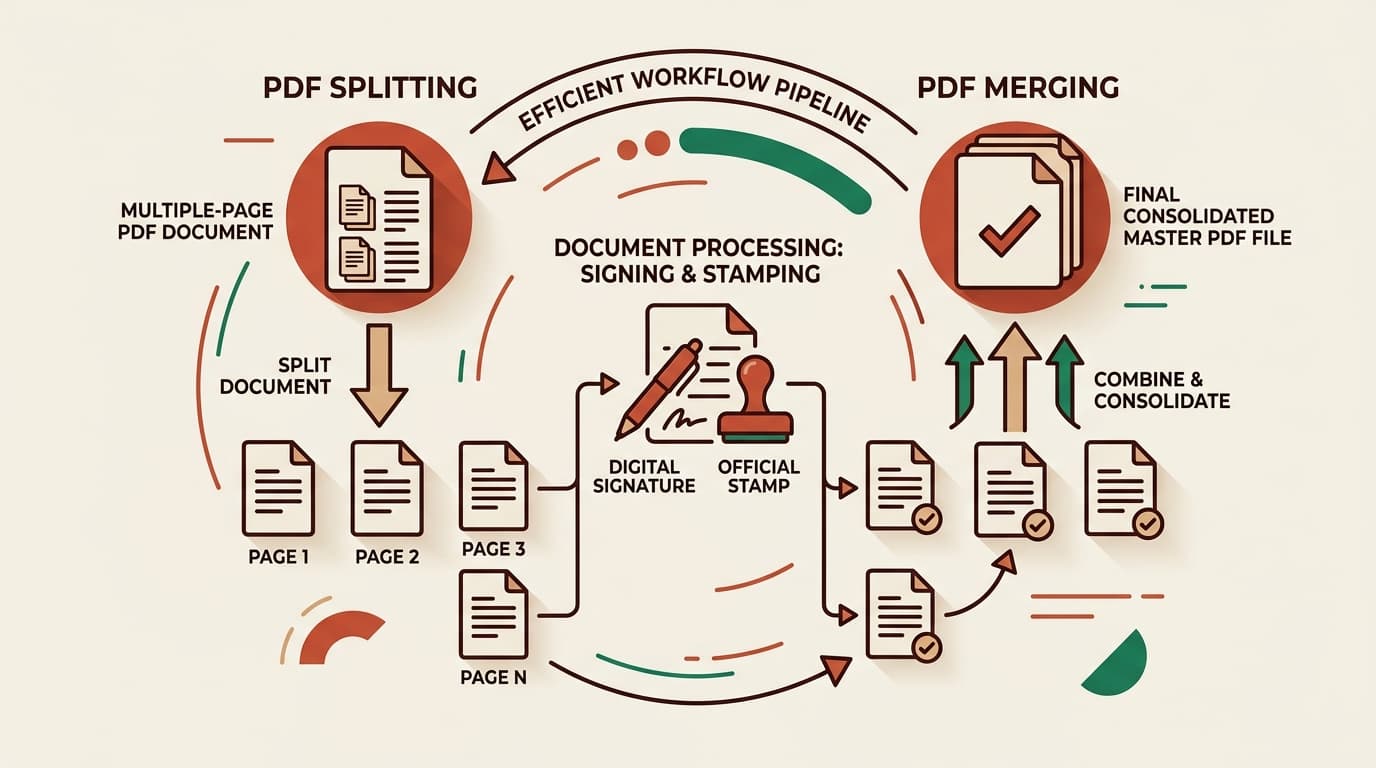 Technical diagram illustrating PDF splitting and merging circular document pipeline